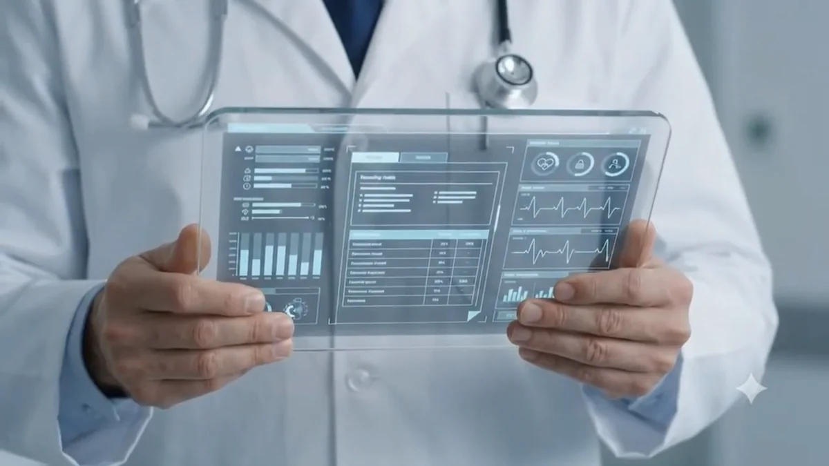 A clinician holding one consolidated patient view assembled from the hospital's systems