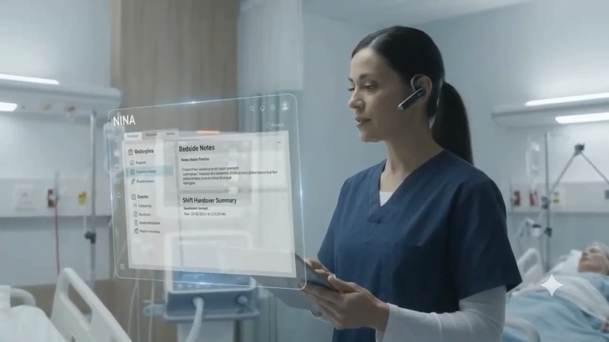 A nurse on a voice headset capturing bedside notes and a shift handover through NINA